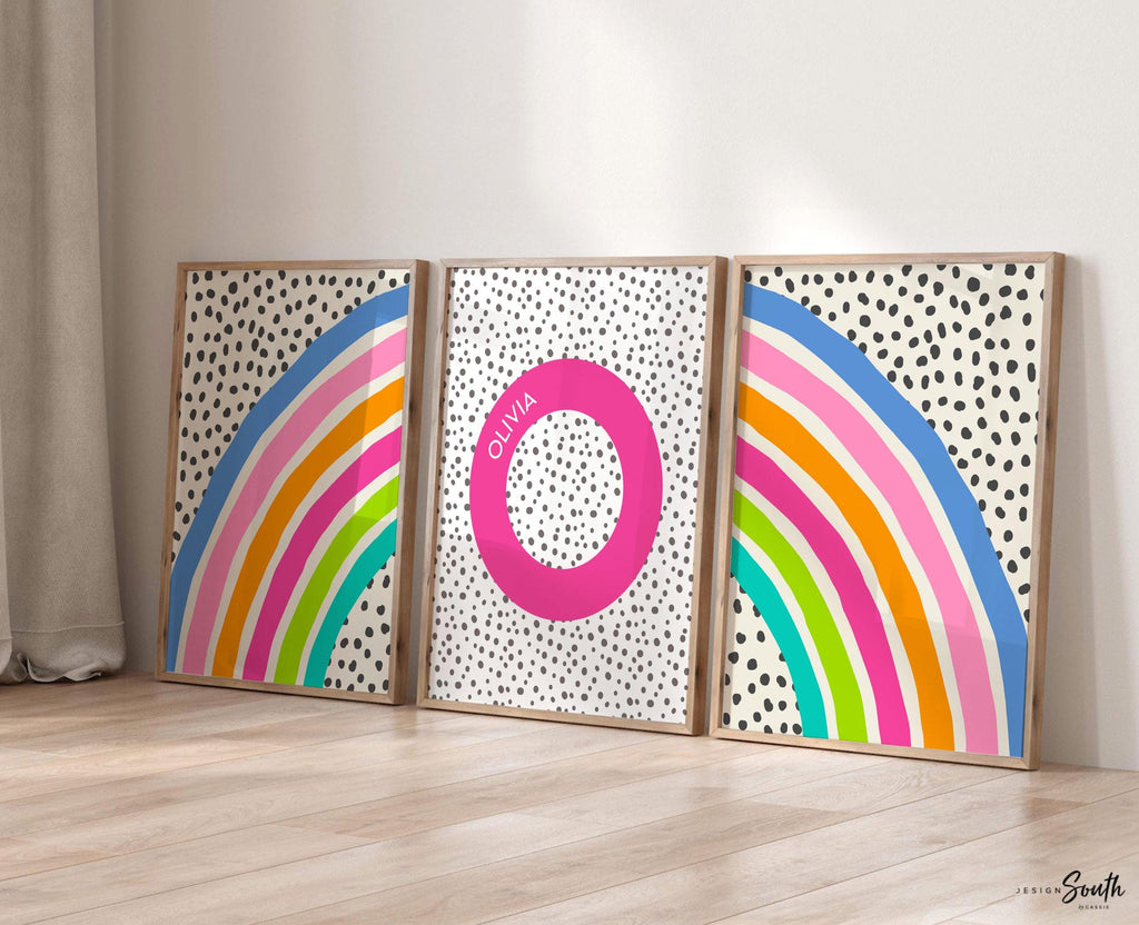 Bright rainbow decor for girl, bedroom decor rainbow theme, blue pink orange teal wall art for girl, bright playroom decor personalized name