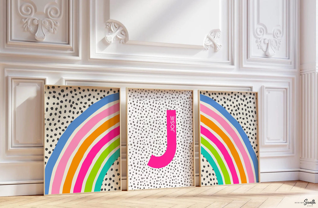 Bright rainbow decor for girl, bedroom decor rainbow theme, blue pink orange teal wall art for girl, bright playroom decor personalized name