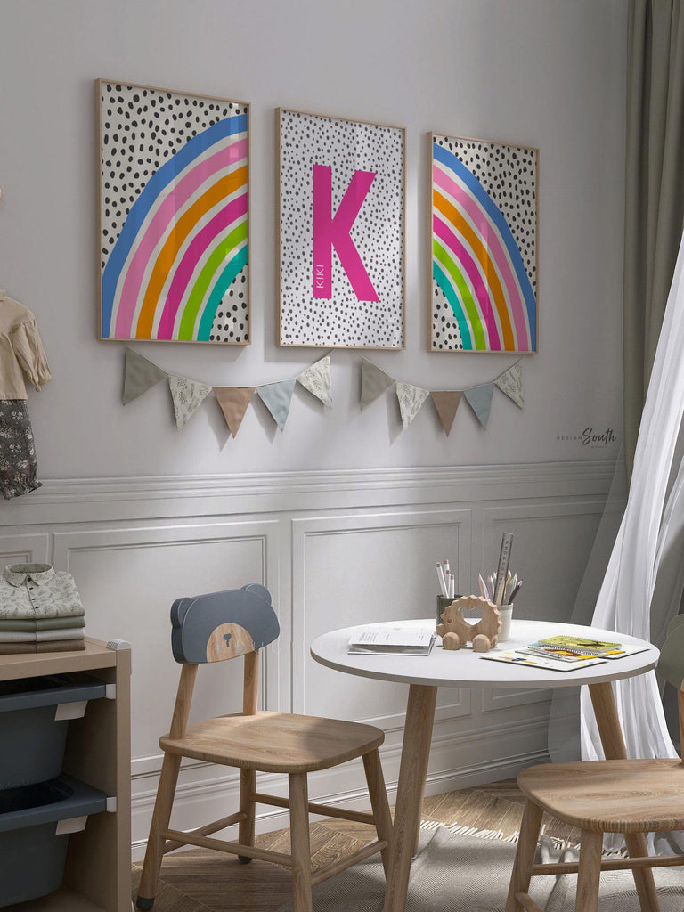 Bright rainbow decor for girl, bedroom decor rainbow theme, blue pink orange teal wall art for girl, bright playroom decor personalized name