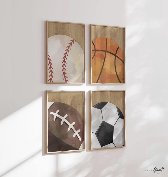 Boys Sports Nursery Art: Baseball, Basketball, Football, Soccer - Set of 4
