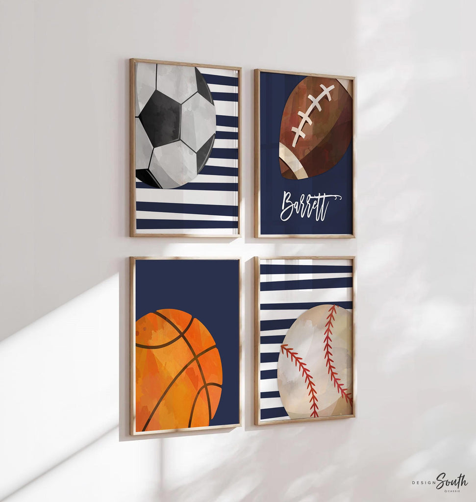 Personalized boys sports wall art set, baseball basketball football soccer prints, navy blue stripes, custom name gift, set of 4