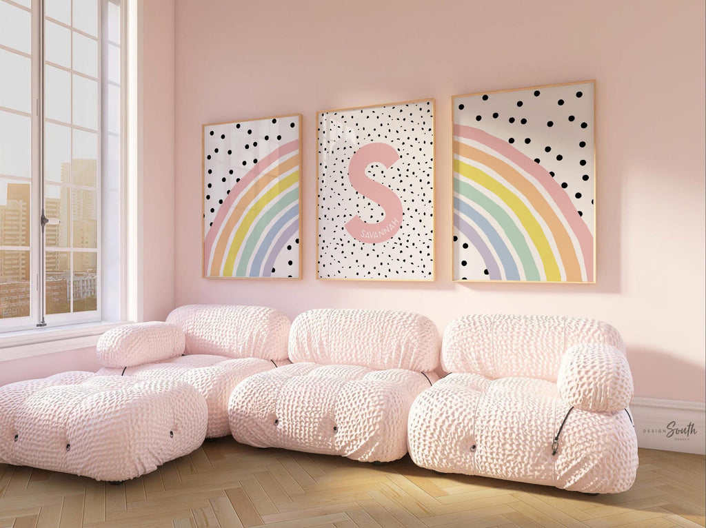 Nursery wall decor, monogram print for girls, pastel baby name art, prints for girl bedroom, playroom print set rainbow, girl's monogram art