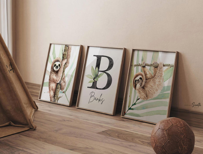 Sloth wall art set, sloth themed baby nursery, sloth nursery ideas, sloth tropical rainforest room decor, sloth boy monogram, toddler sloths