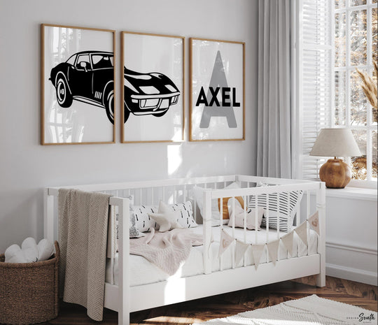 1963 corvette wall art set of 3, black car prints with modern block initial & name, boys room or playroom personalized decor