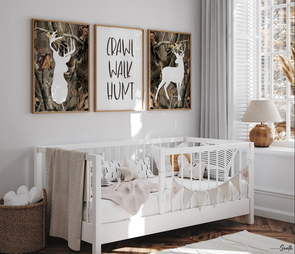 Deer nursery decor, camo hunting wall art, boys room crawl walk hunt prints, rustic deer art for kids bedroom, hunting decor for kids room