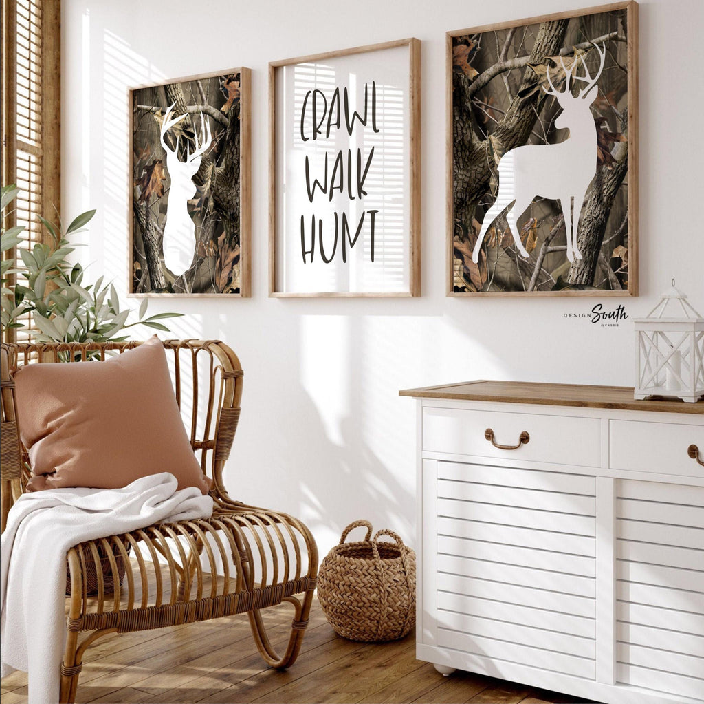 Deer nursery decor, camo hunting wall art, boys room crawl walk hunt prints, rustic deer art for kids bedroom, hunting decor for kids room