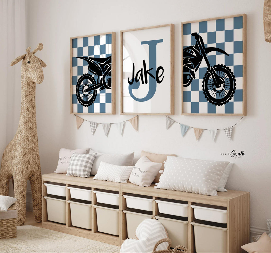 Dirt bike room, customized name motocross dirt bike wall art boys room, dirt bike theme bedroom playroom nursery, boys gift dirt bike blue