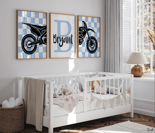 Blue dirt bike decor, personalized dirt bike gift, wall art boys room motocross, dirt bike theme bedroom or nursery, boys dirt bike prints