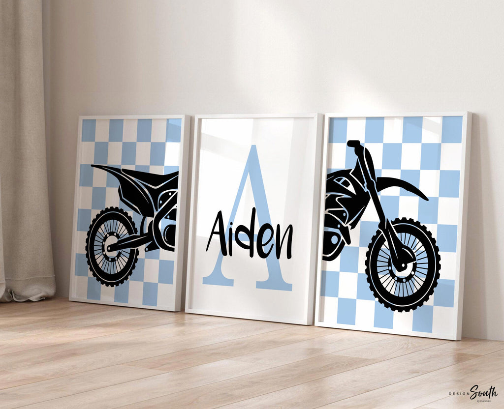 Blue dirt bike decor, personalized dirt bike gift, wall art boys room motocross, dirt bike theme bedroom or nursery, boys dirt bike prints