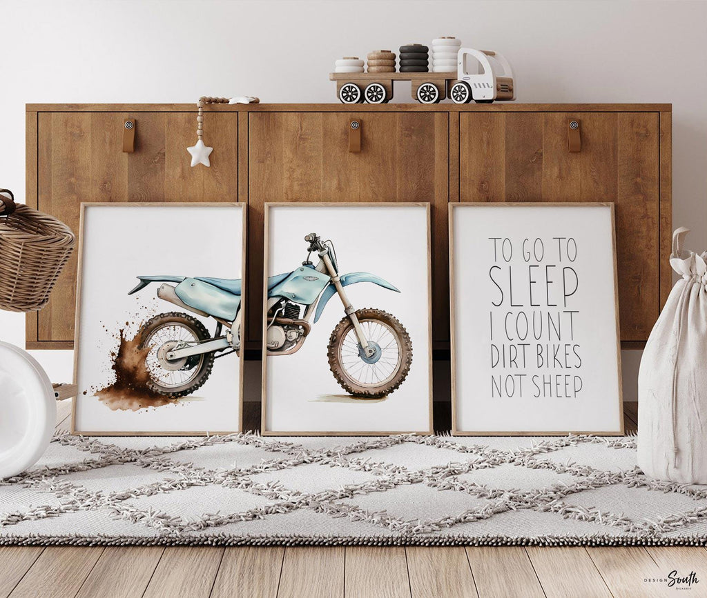 Dirt bike wall art set of 3, motocross dyptich dirt splatters, to go to sleep I count dirt bikes not sheep, motocross nursery playroom gift