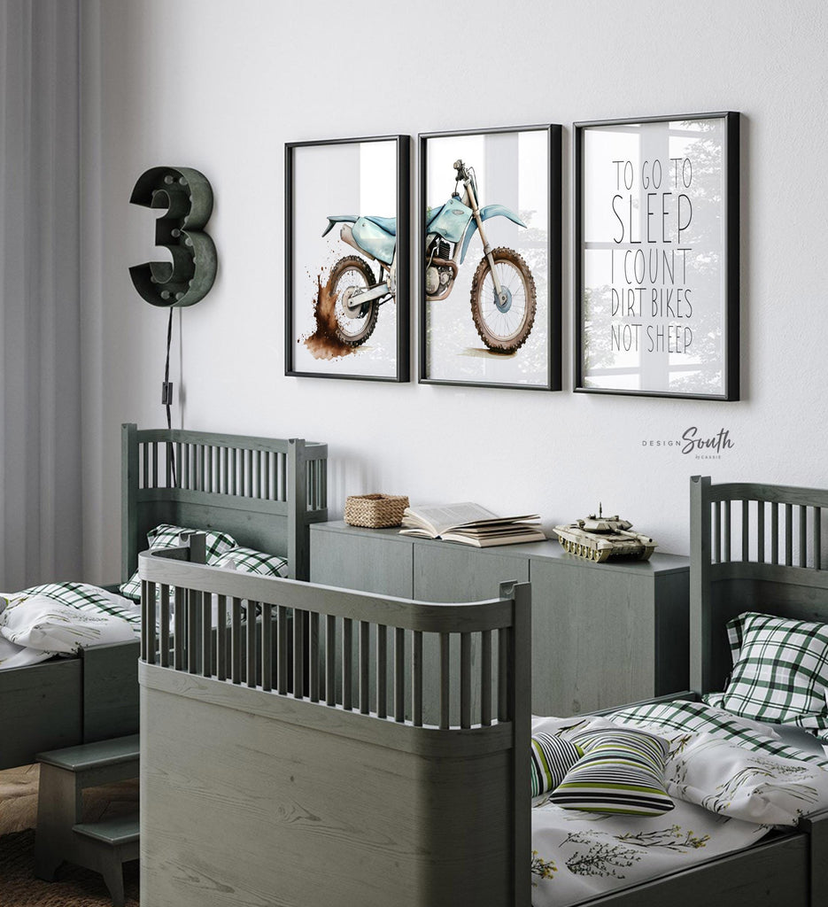 Dirt bike wall art set of 3, motocross dyptich dirt splatters, to go to sleep I count dirt bikes not sheep, motocross nursery playroom gift