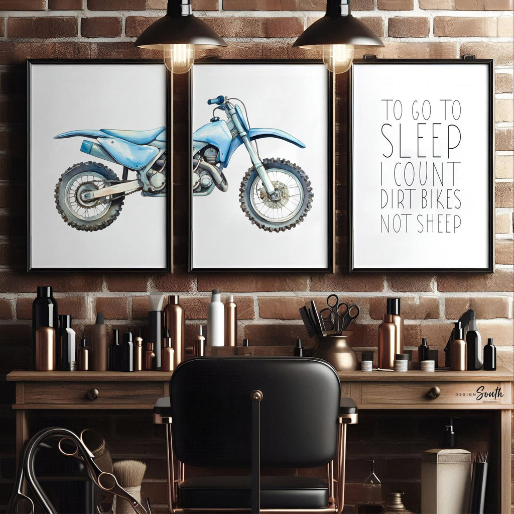 Dirt bike wall art set of 3, watercolor motocross prints with quote ‘To go to sleep I count dirt bikes not sheep, motocross wall art boys