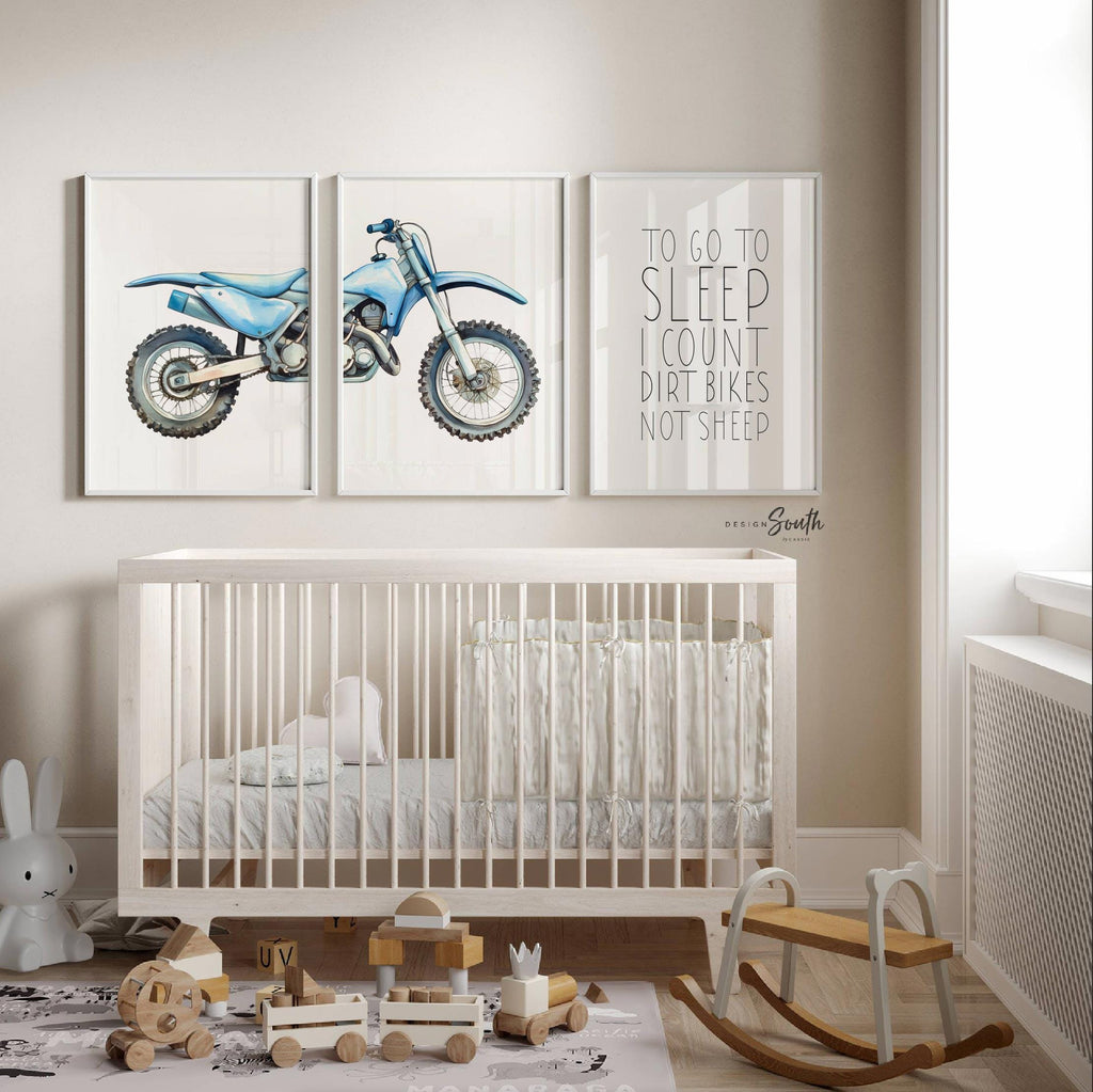 Dirt bike wall art set of 3, watercolor motocross prints with quote ‘To go to sleep I count dirt bikes not sheep, motocross wall art boys
