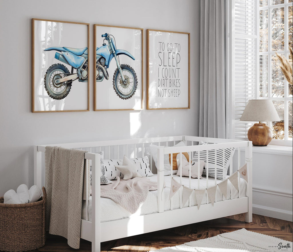Dirt bike wall art set of 3, watercolor motocross prints with quote ‘To go to sleep I count dirt bikes not sheep, motocross wall art boys