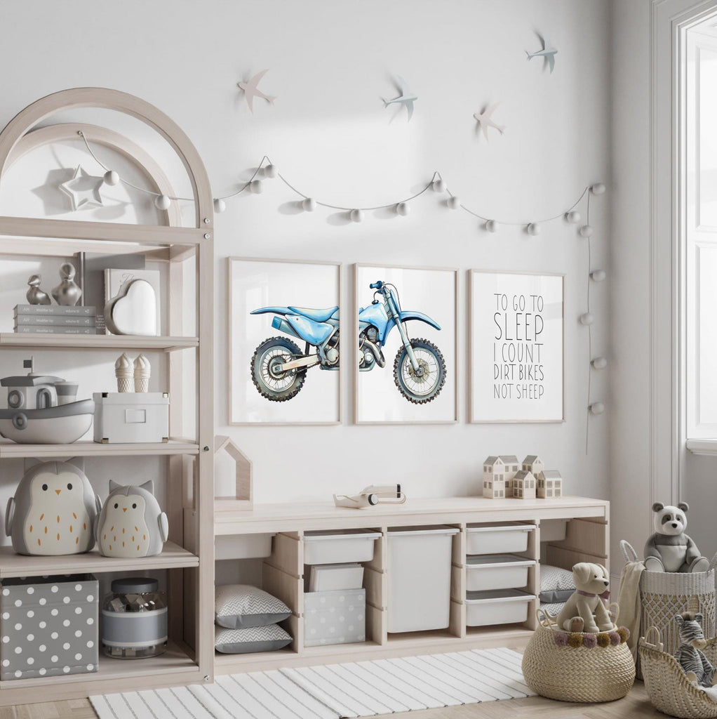 Dirt bike wall art set of 3, watercolor motocross prints with quote ‘To go to sleep I count dirt bikes not sheep, motocross wall art boys