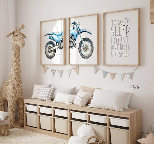 Dirt bike wall art set of 3, watercolor motocross prints with quote ‘To go to sleep I count dirt bikes not sheep, motocross wall art boys
