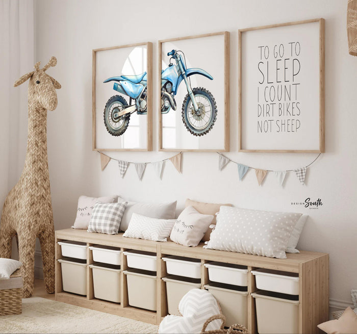 Dirt bike wall art set of 3, watercolor motocross prints with quote ‘To go to sleep I count dirt bikes not sheep, motocross wall art boys