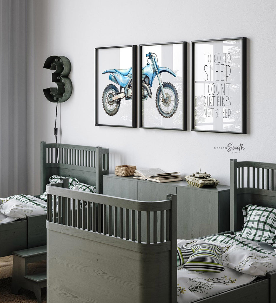 Dirt bike wall art set of 3, watercolor motocross prints with quote ‘To go to sleep I count dirt bikes not sheep, motocross wall art boys