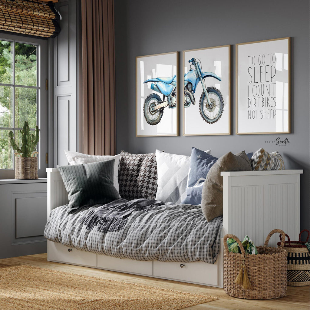 Dirt bike wall art set of 3, watercolor motocross prints with quote ‘To go to sleep I count dirt bikes not sheep, motocross wall art boys