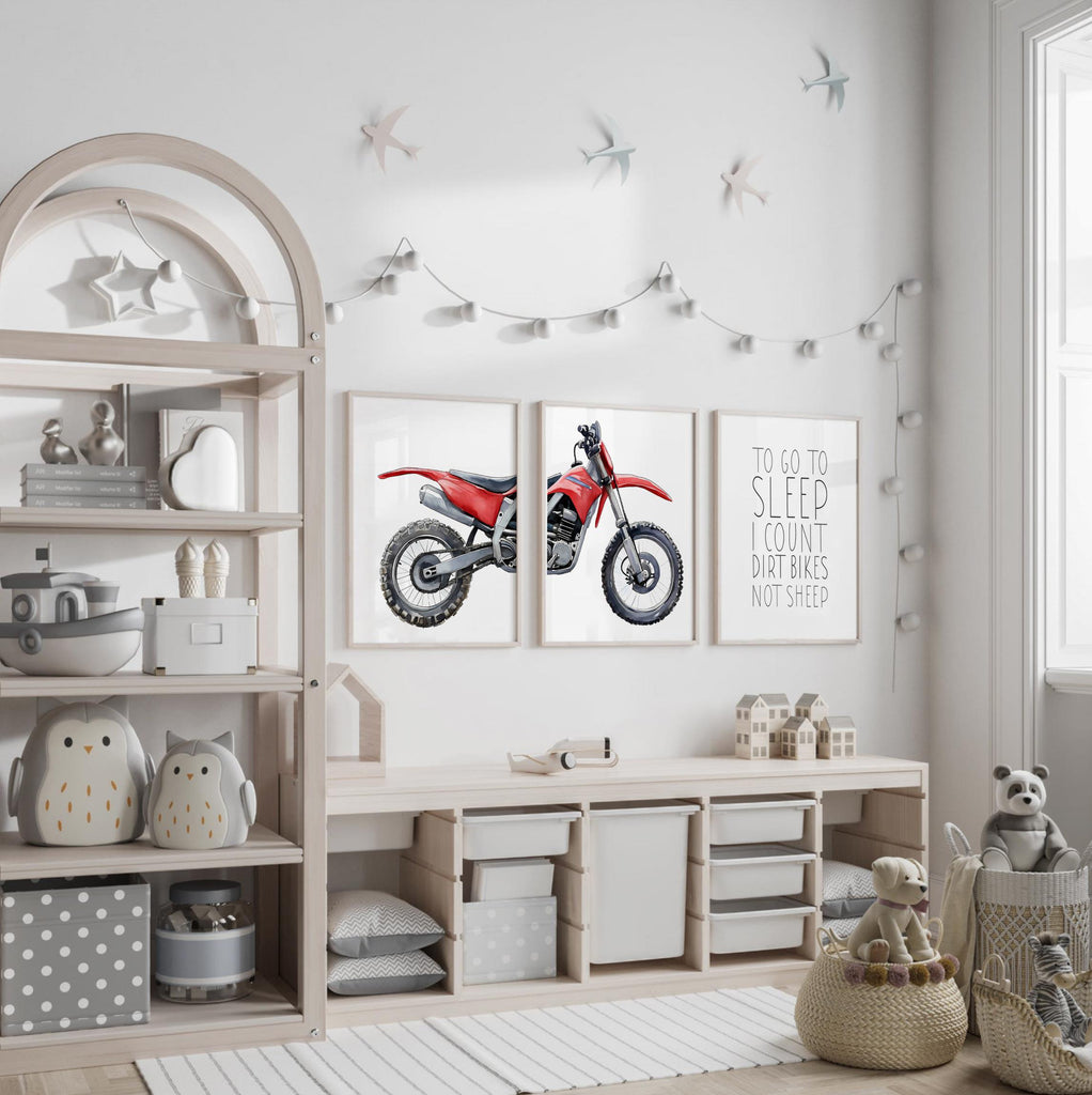 Red dirt bike wall art set of 3, watercolor motocross prints with quote ‘To go to sleep I count dirt bikes not sheep,’ boys room decor