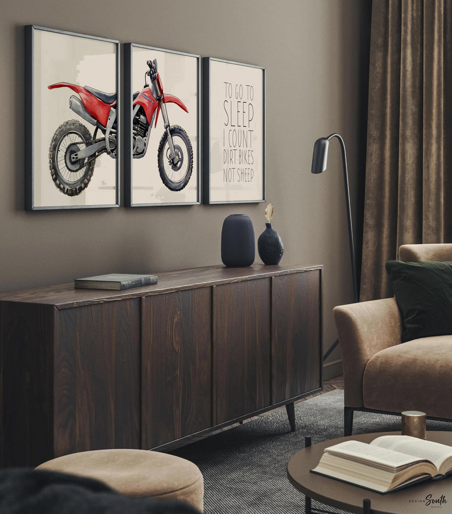 Red dirt bike wall art set of 3, watercolor motocross prints with quote ‘To go to sleep I count dirt bikes not sheep,’ boys room decor