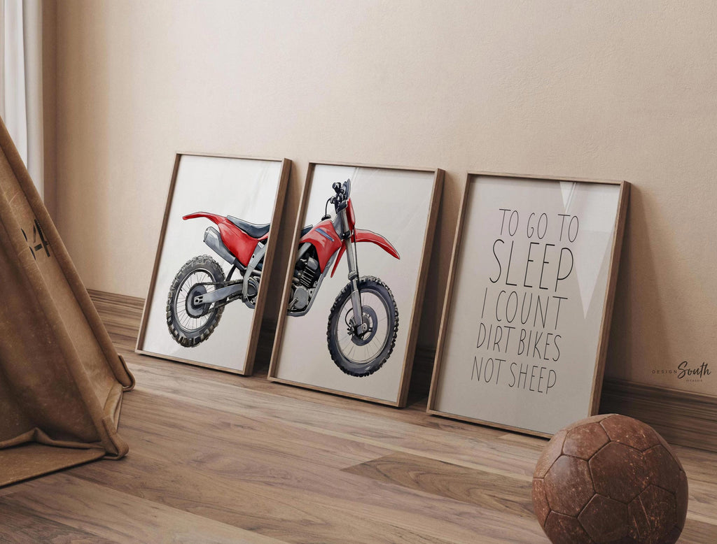 Red dirt bike wall art set of 3, watercolor motocross prints with quote ‘To go to sleep I count dirt bikes not sheep,’ boys room decor