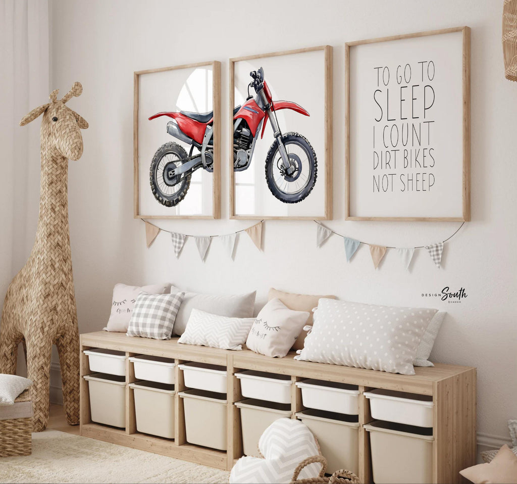 Red dirt bike wall art set of 3, watercolor motocross prints with quote ‘To go to sleep I count dirt bikes not sheep,’ boys room decor