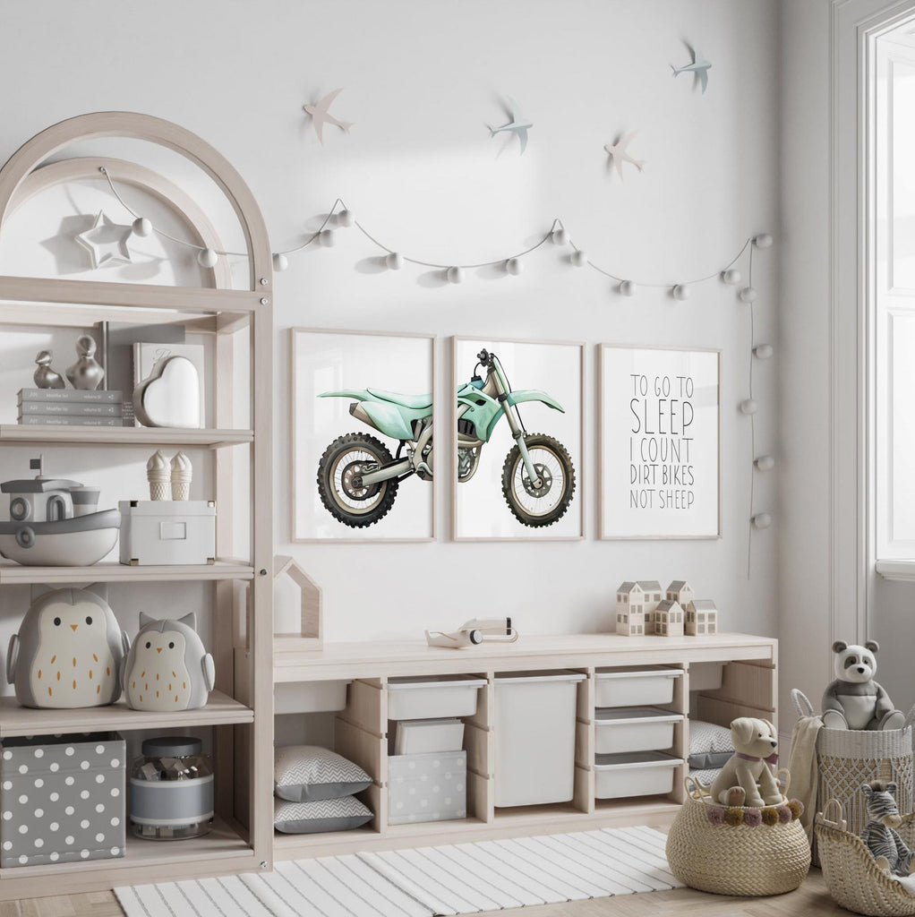 Teal green dirt bike wall art set of 3, watercolor motocross prints with quote ‘To go to sleep I count dirt bikes not sheep,’ boy room decor