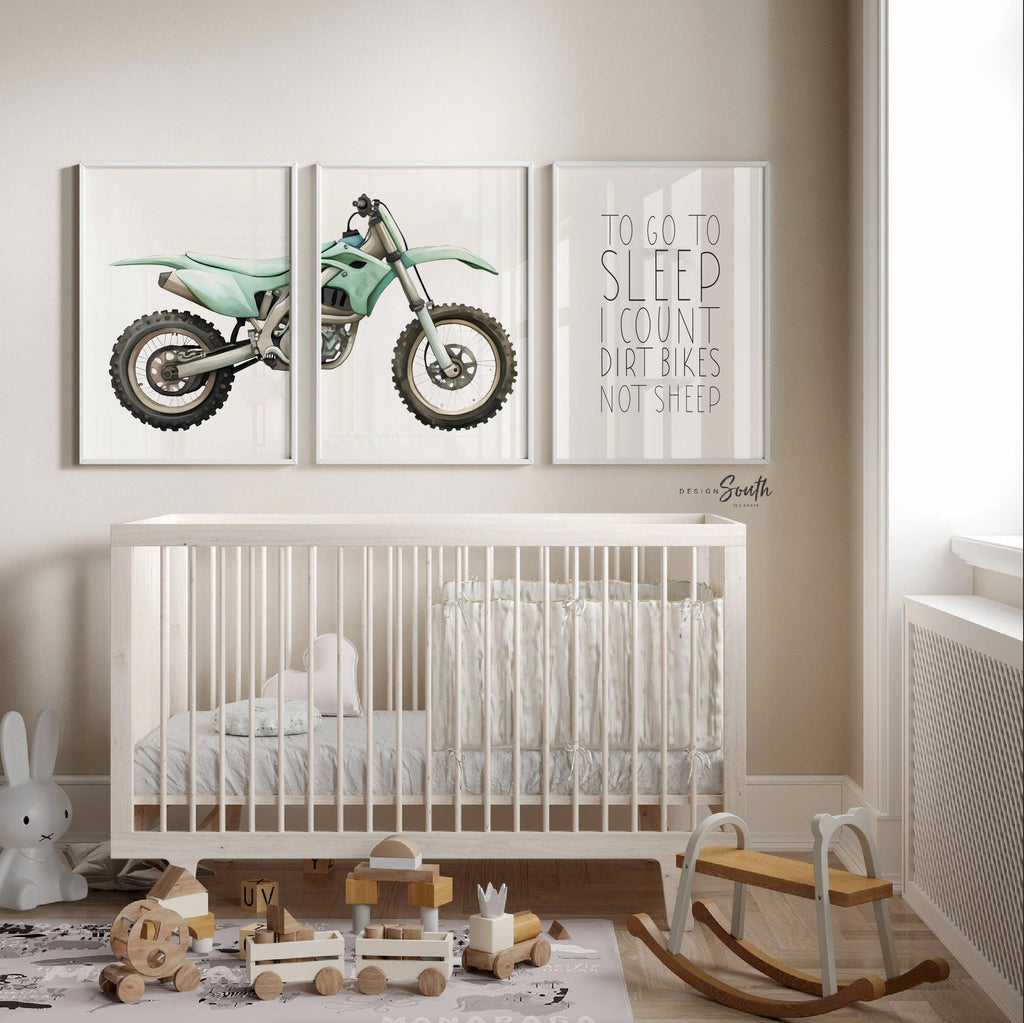Teal green dirt bike wall art set of 3, watercolor motocross prints with quote ‘To go to sleep I count dirt bikes not sheep,’ boy room decor