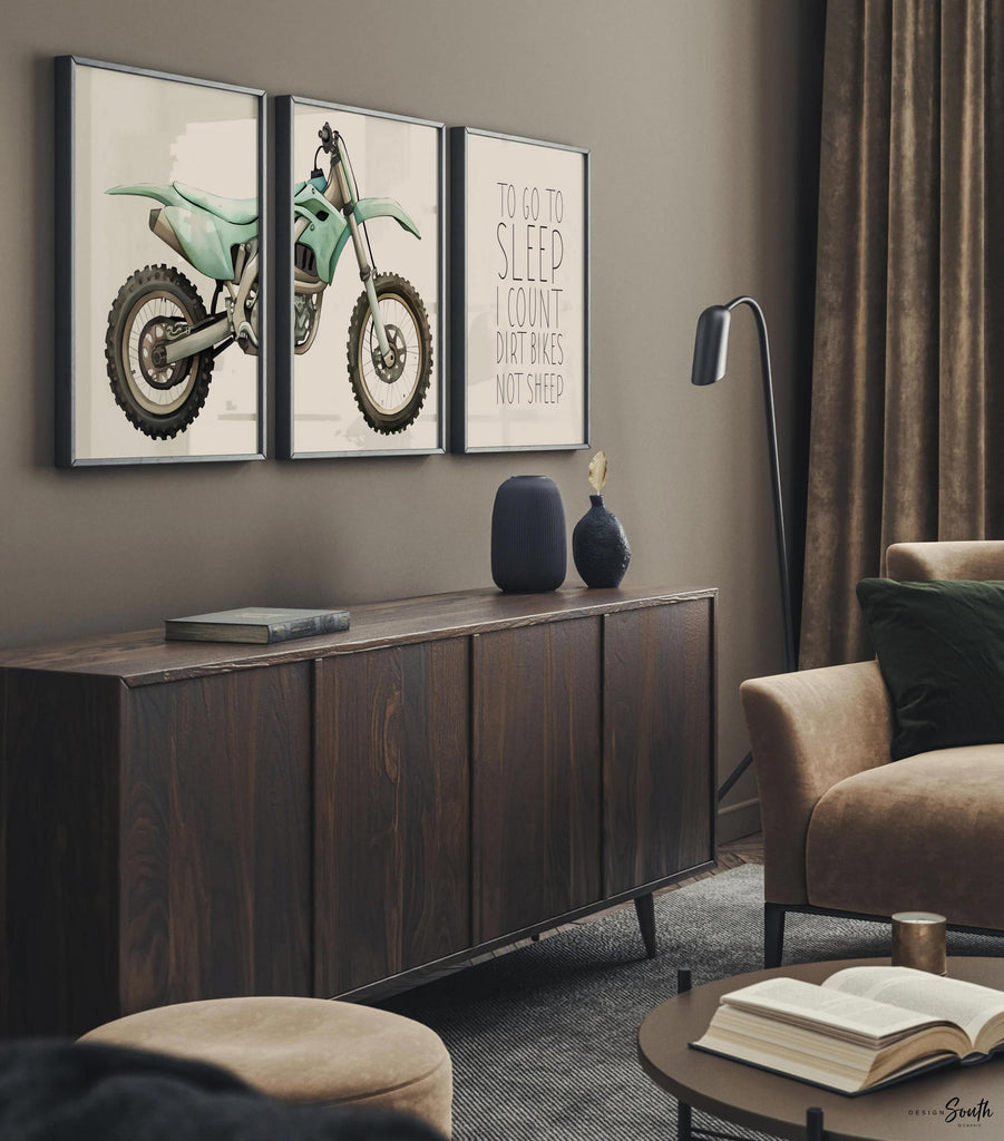 Teal green dirt bike wall art set of 3, watercolor motocross prints with quote ‘To go to sleep I count dirt bikes not sheep,’ boy room decor