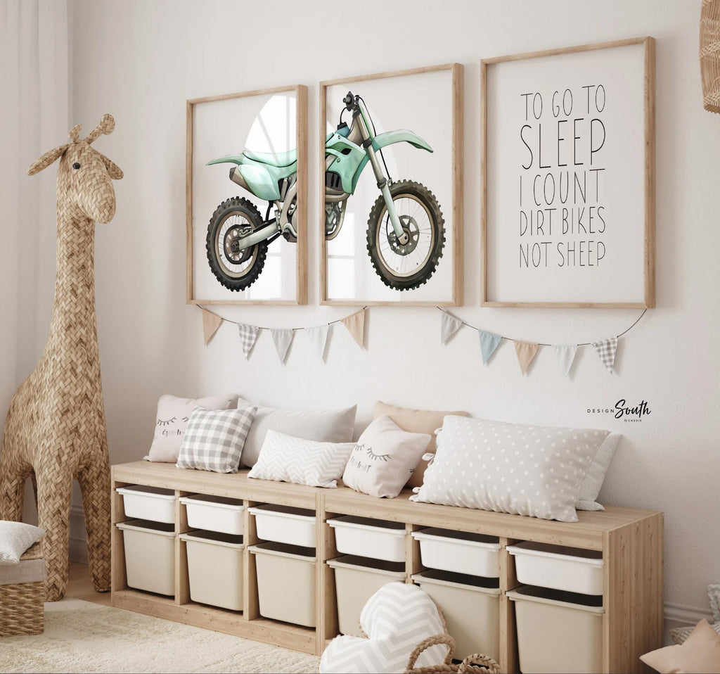 Teal green dirt bike wall art set of 3, watercolor motocross prints with quote ‘To go to sleep I count dirt bikes not sheep,’ boy room decor