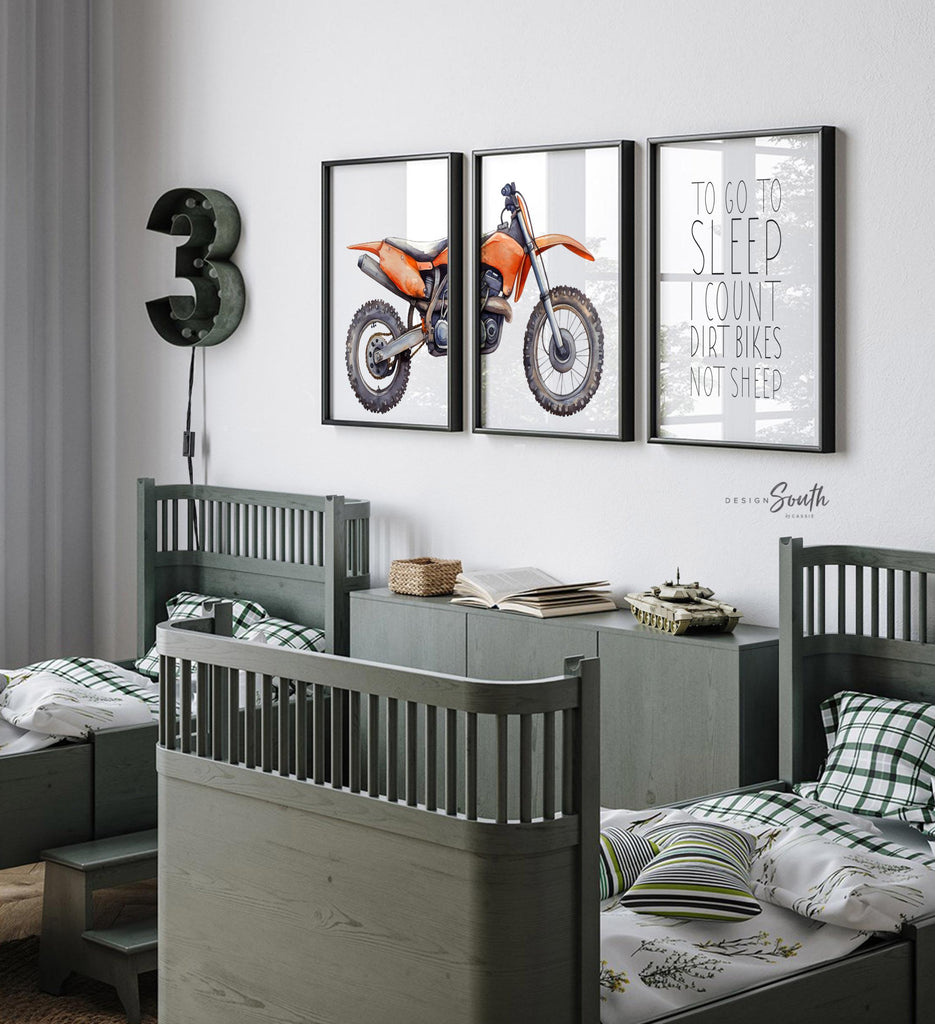 Orange dirt bike wall art set of 3, motocross prints with quote ‘To go to sleep I count dirt bikes not sheep,’ boys nursery decor