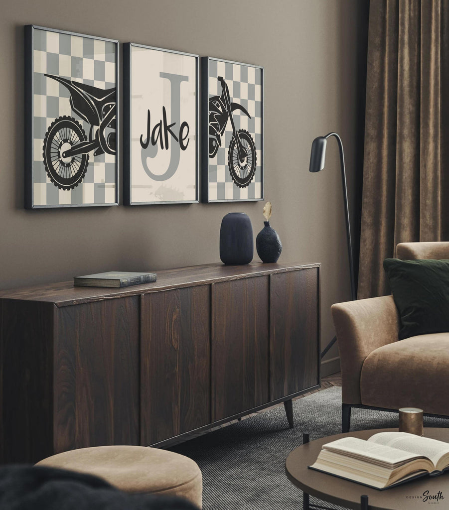 Dirt bike room, customized name motocross dirt bike wall art boys room, dirt bike theme bedroom playroom nursery, boys gift dirt bike gray