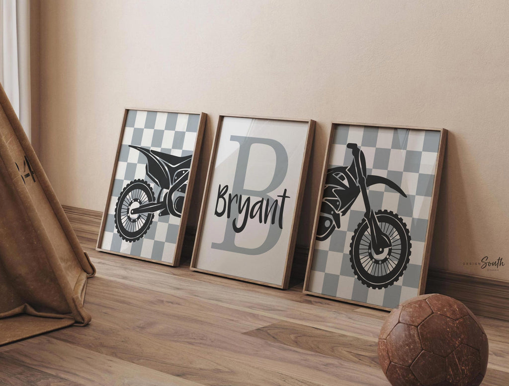 Dirt bike room, customized name motocross dirt bike wall art boys room, dirt bike theme bedroom playroom nursery, boys gift dirt bike gray