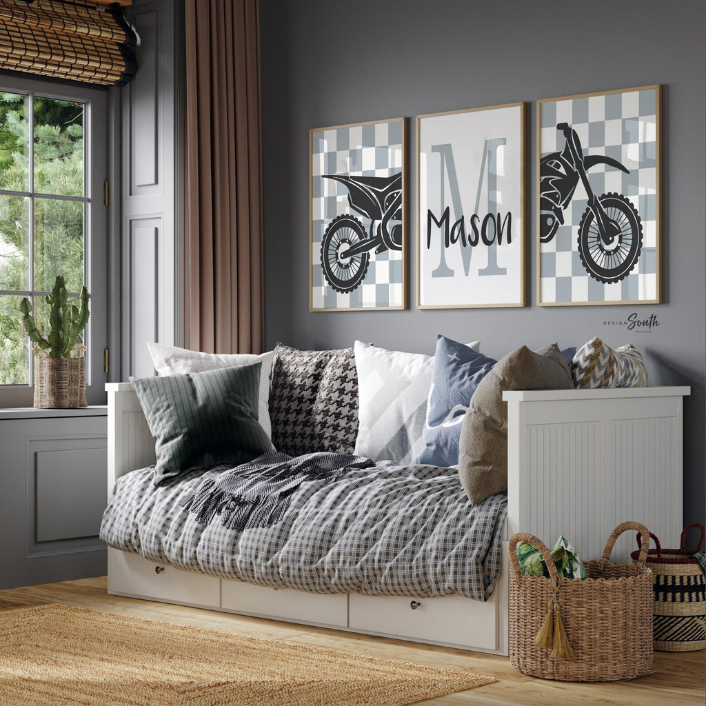 Dirt bike room, customized name motocross dirt bike wall art boys room, dirt bike theme bedroom playroom nursery, boys gift dirt bike gray