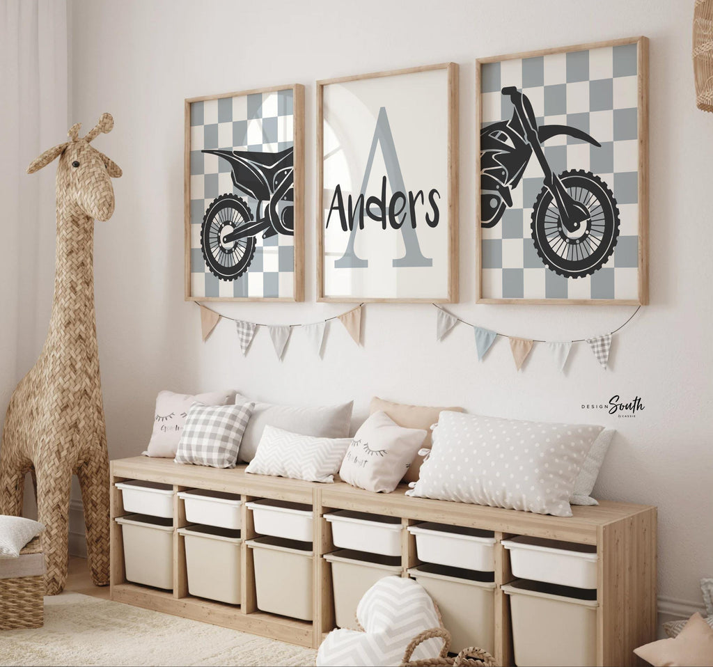 Dirt bike room, customized name motocross dirt bike wall art boys room, dirt bike theme bedroom playroom nursery, boys gift dirt bike gray