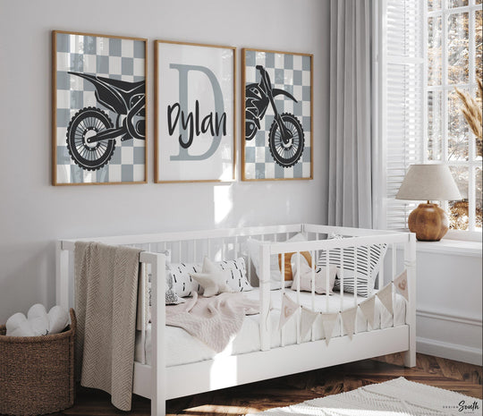Dirt bike room, customized name motocross dirt bike wall art boys room, dirt bike theme bedroom playroom nursery, boys gift dirt bike gray