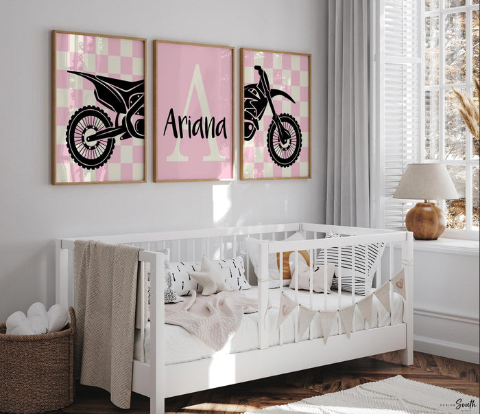 Girls' Pink Dirt Bike Wall Art — Personalized Motocross Prints