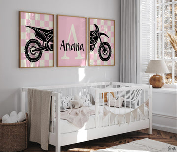 Girls dirt bike wall art, pink motocross racing prints, personalized moto girl decor, motorbike art for girls bedroom or playroom