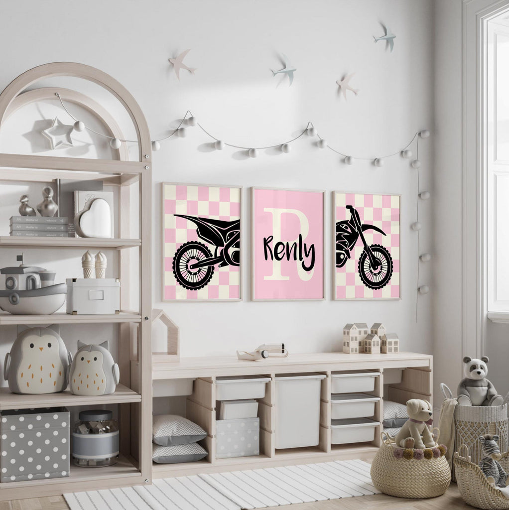 Girls dirt bike wall art, pink motocross racing prints, personalized moto girl decor, motorbike art for girls bedroom or playroom