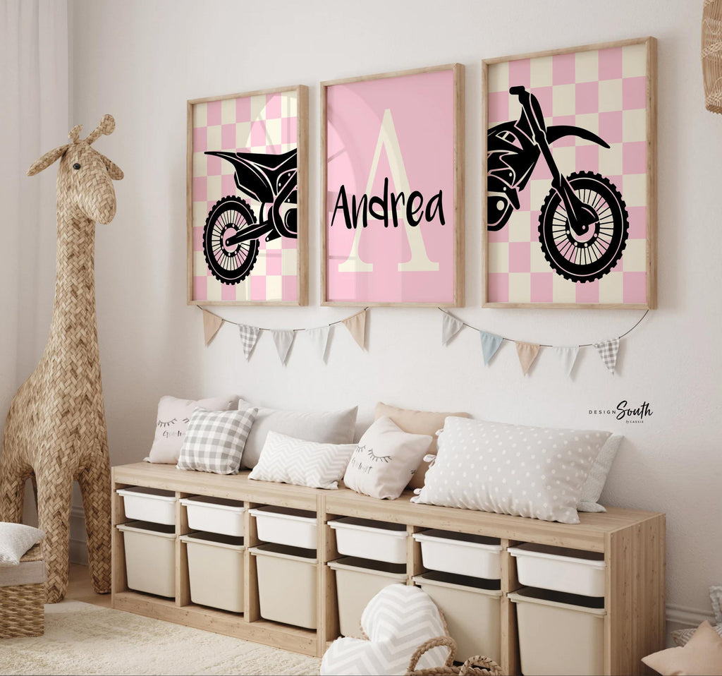 Girls dirt bike wall art, pink motocross racing prints, personalized moto girl decor, motorbike art for girls bedroom or playroom