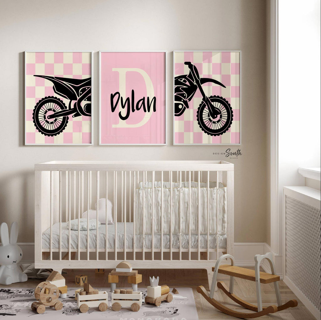 Girls dirt bike wall art, pink motocross racing prints, personalized moto girl decor, motorbike art for girls bedroom or playroom