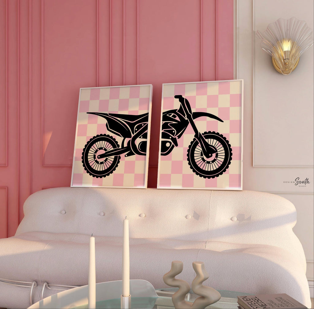Girls dirt bike wall art, pink motocross racing prints, personalized moto girl decor, motorbike art for girls bedroom or playroom