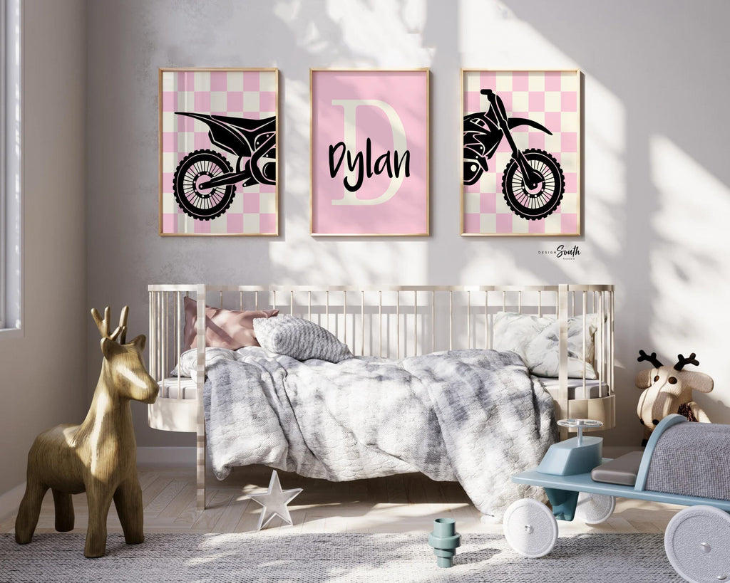 Girls dirt bike wall art, pink motocross racing prints, personalized moto girl decor, motorbike art for girls bedroom or playroom