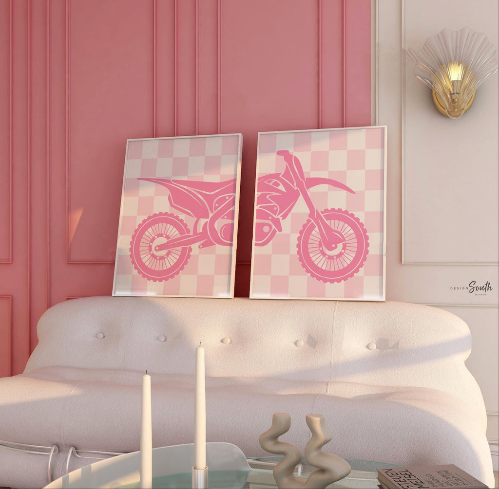 Pink dirt bike wall art set, girls motocross racing prints, personalized moto girl bedroom decor, motorbike wall art for nursery