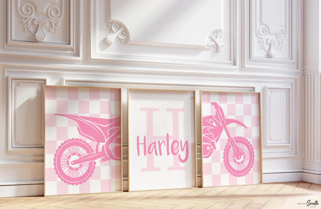 Pink dirt bike wall art set, girls motocross racing prints, personalized moto girl bedroom decor, motorbike wall art for nursery