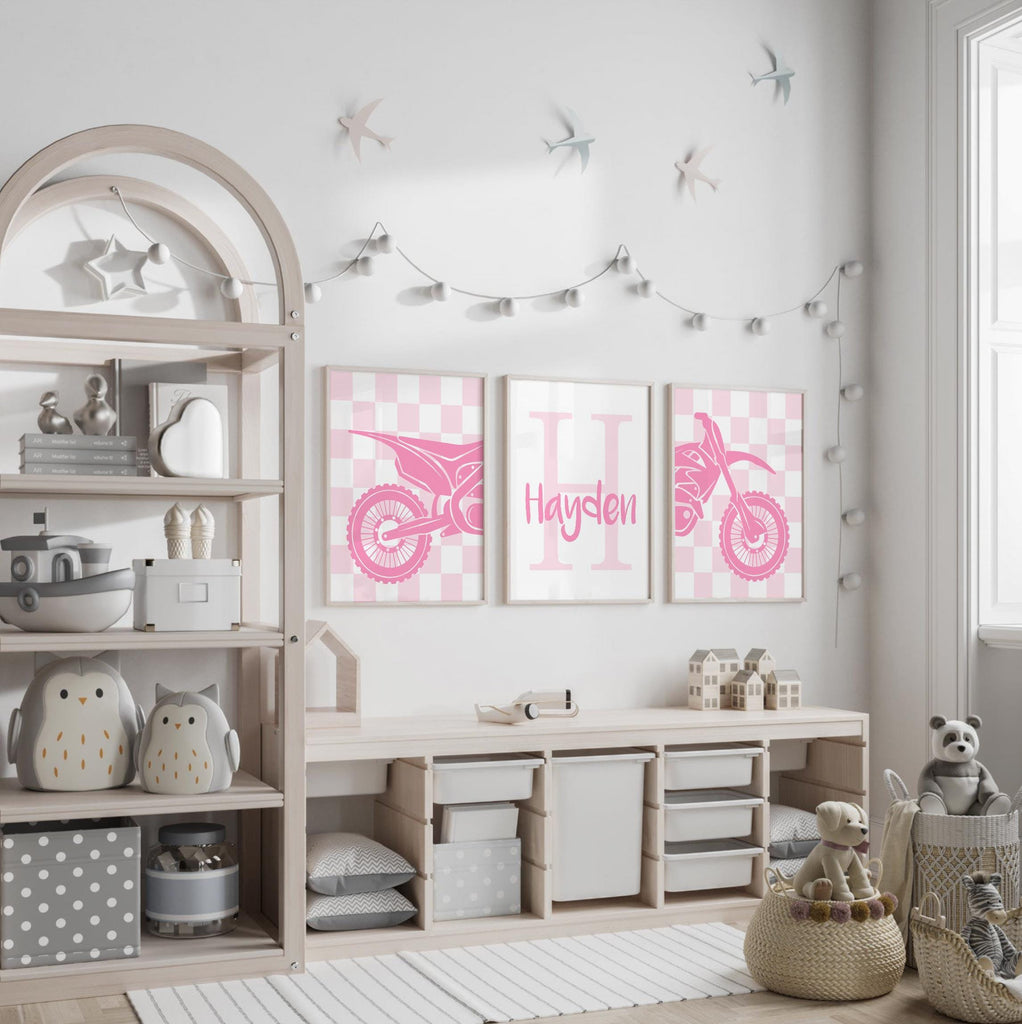 Pink dirt bike wall art set, girls motocross racing prints, personalized moto girl bedroom decor, motorbike wall art for nursery