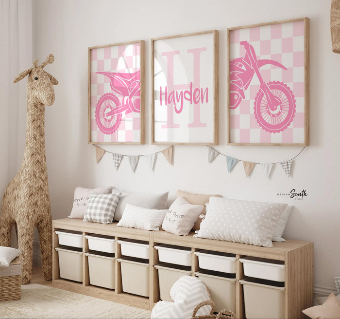 Pink dirt bike wall art set, girls motocross racing prints, personalized moto girl bedroom decor, motorbike wall art for nursery