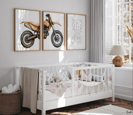 Brown dirt bike wall art set of 3, motocross prints with quote ‘To go to sleep I count dirt bikes not sheep,’ boys nursery decor