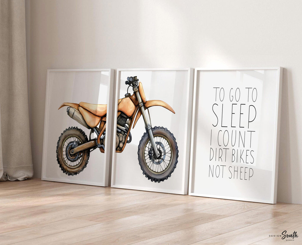 Brown dirt bike wall art set of 3, motocross prints with quote ‘To go to sleep I count dirt bikes not sheep,’ boys nursery decor